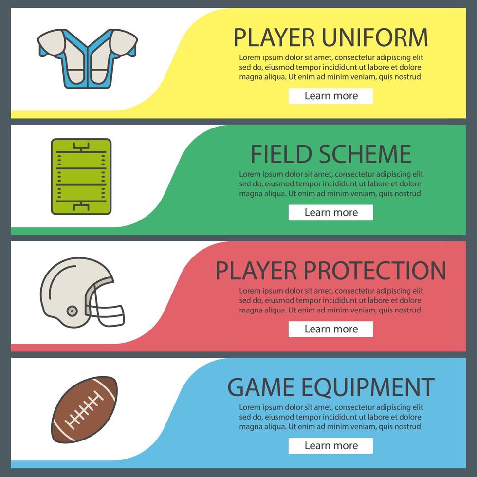 conjunto de modelos de banner da web de futebol americano. almofada de ombro, esquema de campo, capacete, bola. itens de menu de cores do site. conceitos de design de cabeçalhos de vetor