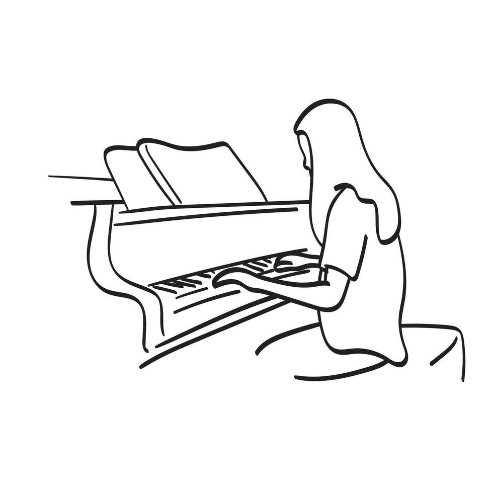 mulher com grandes cabelo jogando grande piano ilustração vetor mão desenhado isolado em branco fundo