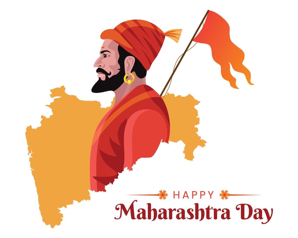 maharshtra dia celebração com maharshtra mapa e Shivaji maharaj cumprimento cartão bandeira vetor