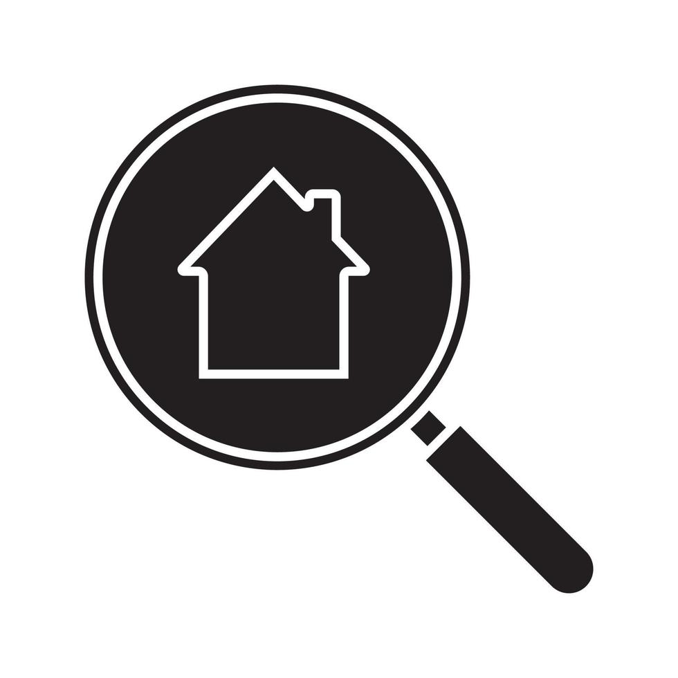 ícone de glifo de pesquisa de imóveis. símbolo de silhueta de caça a casa. lupa com construção dentro. espaço negativo. ilustração isolada do vetor