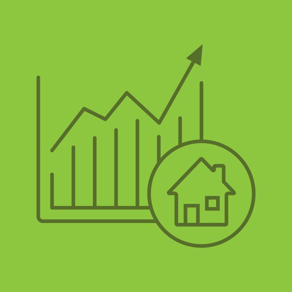 ícone linear da cor do gráfico de crescimento do mercado imobiliário. aumento dos preços das casas. símbolos de contorno de linha fina na cor de fundo. gráfico de crescimento do mercado imobiliário. ilustração vetorial vetor