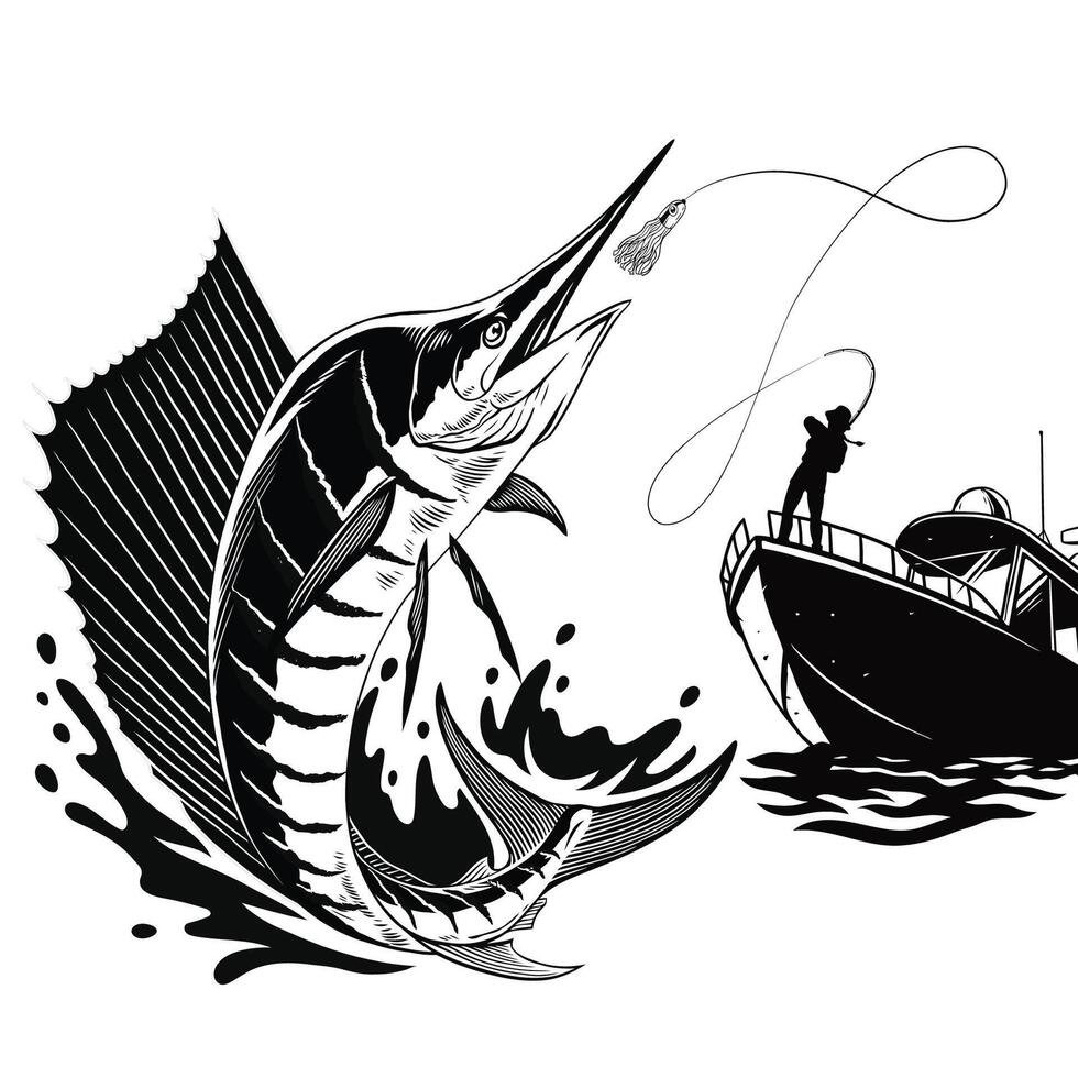 pescador pegando grande atlântico veleiro ilustração Preto e branco vetor