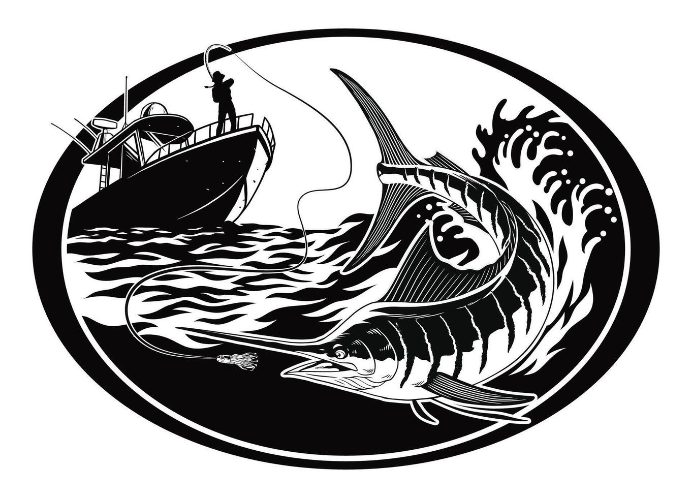 pescador pegando a marlin peixe dentro mão desenhado ilustração vetor