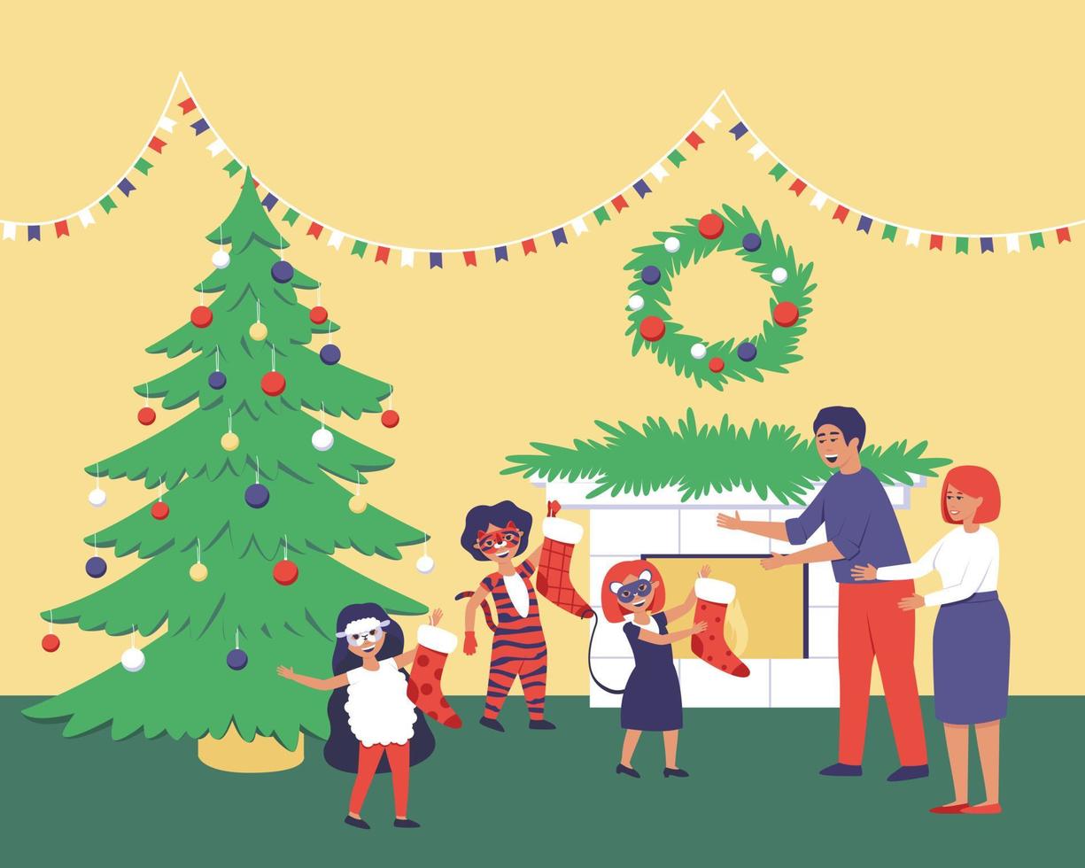 família feliz pendurar meias de natal na lareira vetor