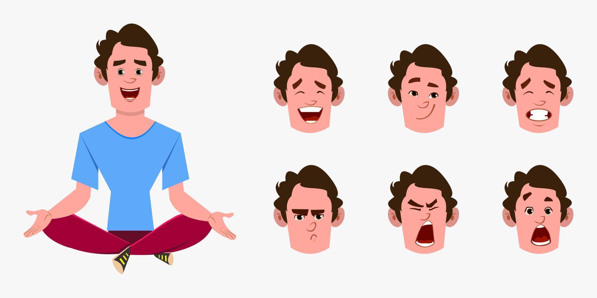 personagem de desenho casual homem fazendo ioga ou meditação relaxada. personagem de empresário com diferentes tipos de expressão facial vetor