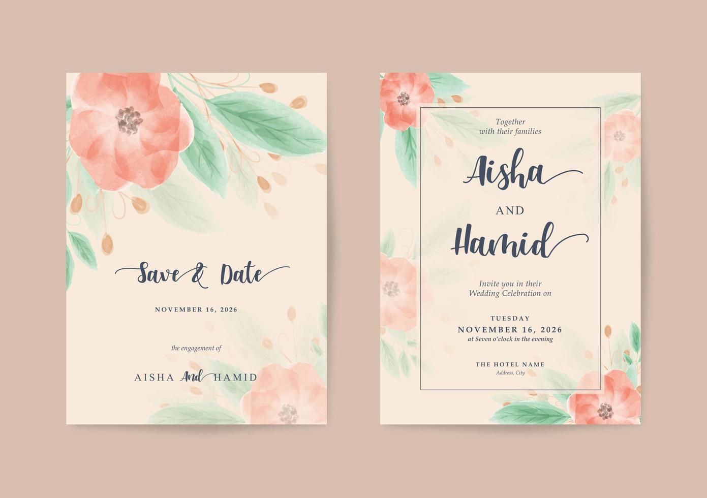 convite de casamento romântico marrom com bela aquarela floral vetor