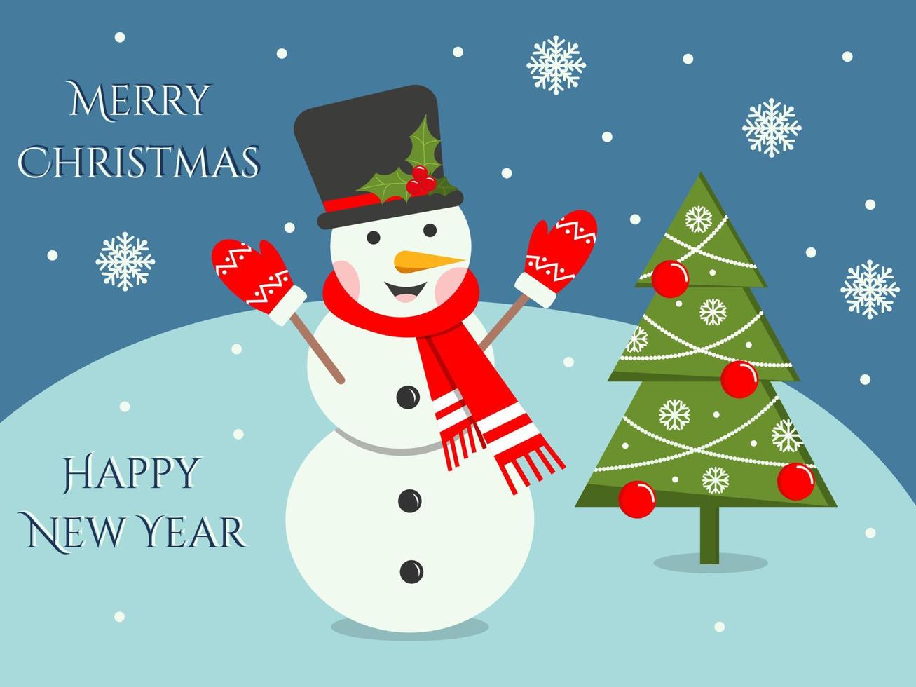 personagem de boneco de neve feliz em um chapéu, luvas e lenço. cartão de felicitações de natal, ilustração vetorial plana vetor
