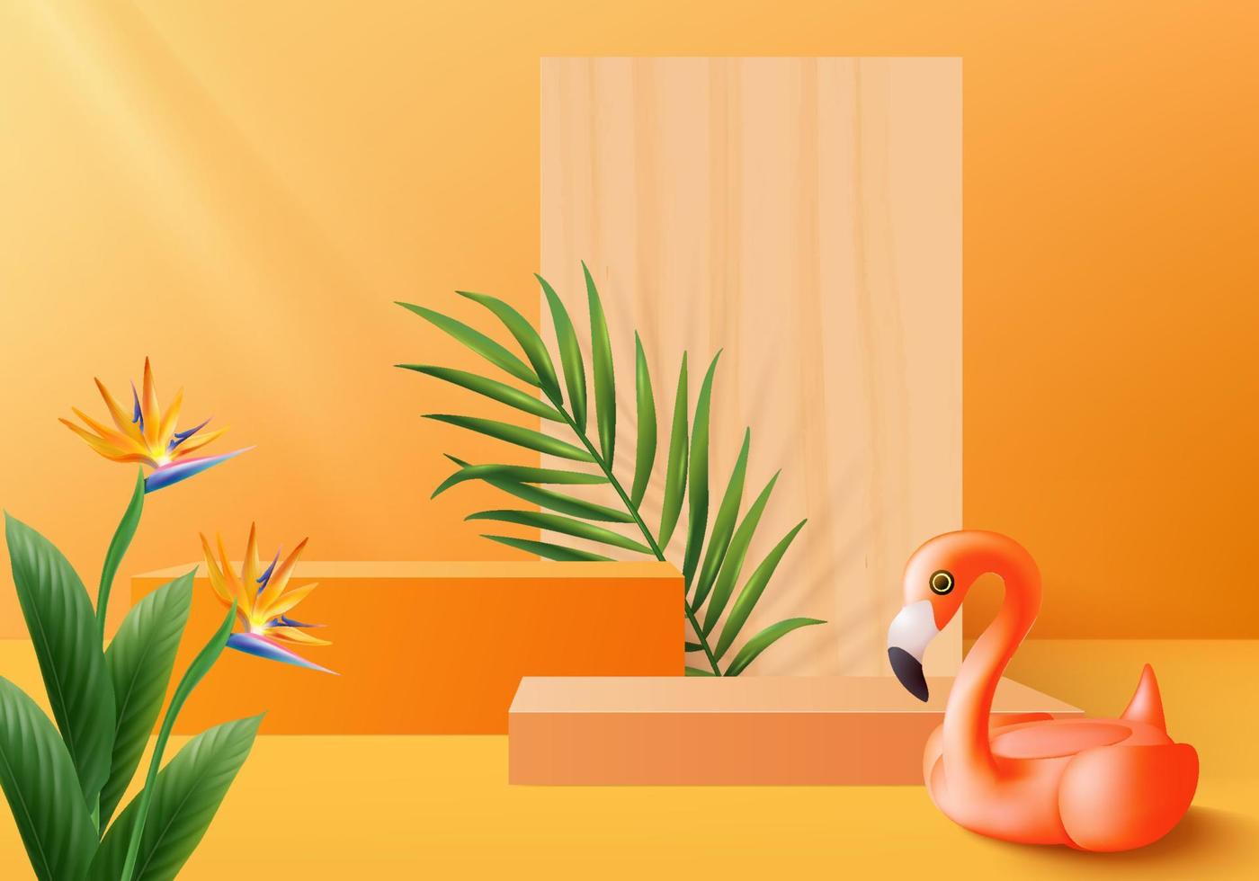 3d laranja flamingo render para o verão tropical. cena do pódio da exposição do produto de fundo com plataforma tropical de férias. verão fundo vetor 3d com pódio. suporte para exposição de produtos cosméticos