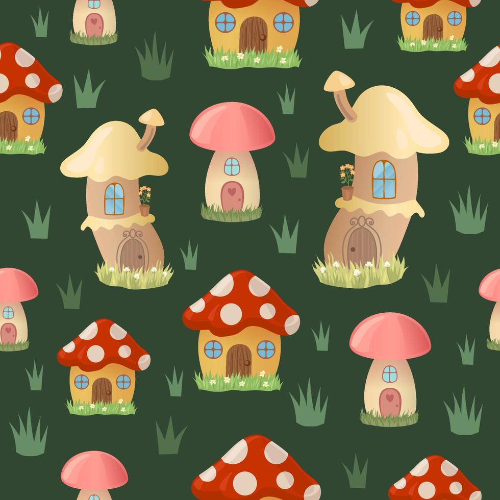 padrão de desenho animado sem costura para crianças. casas de cogumelo repetindo padrão infinito, ilustração infantil bonita. vetor
