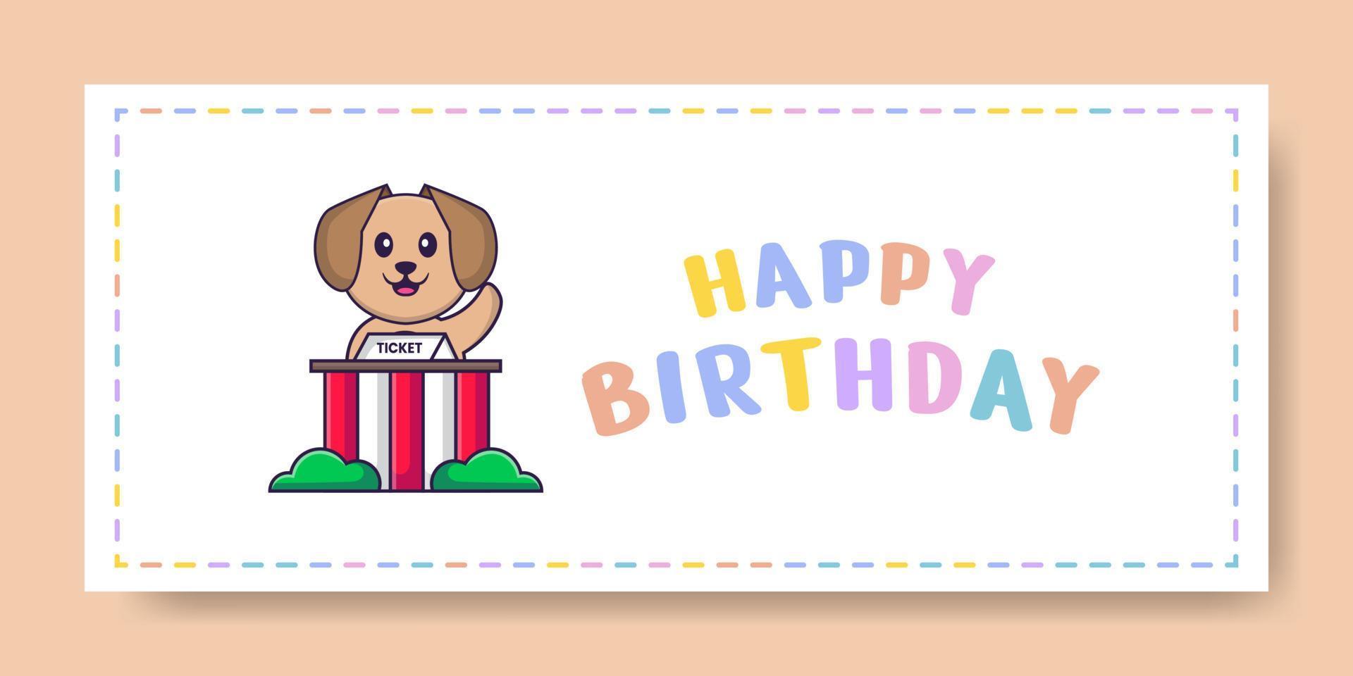 banner de feliz aniversário com personagem de desenho animado de cachorro bonito. ilustração vetorial vetor