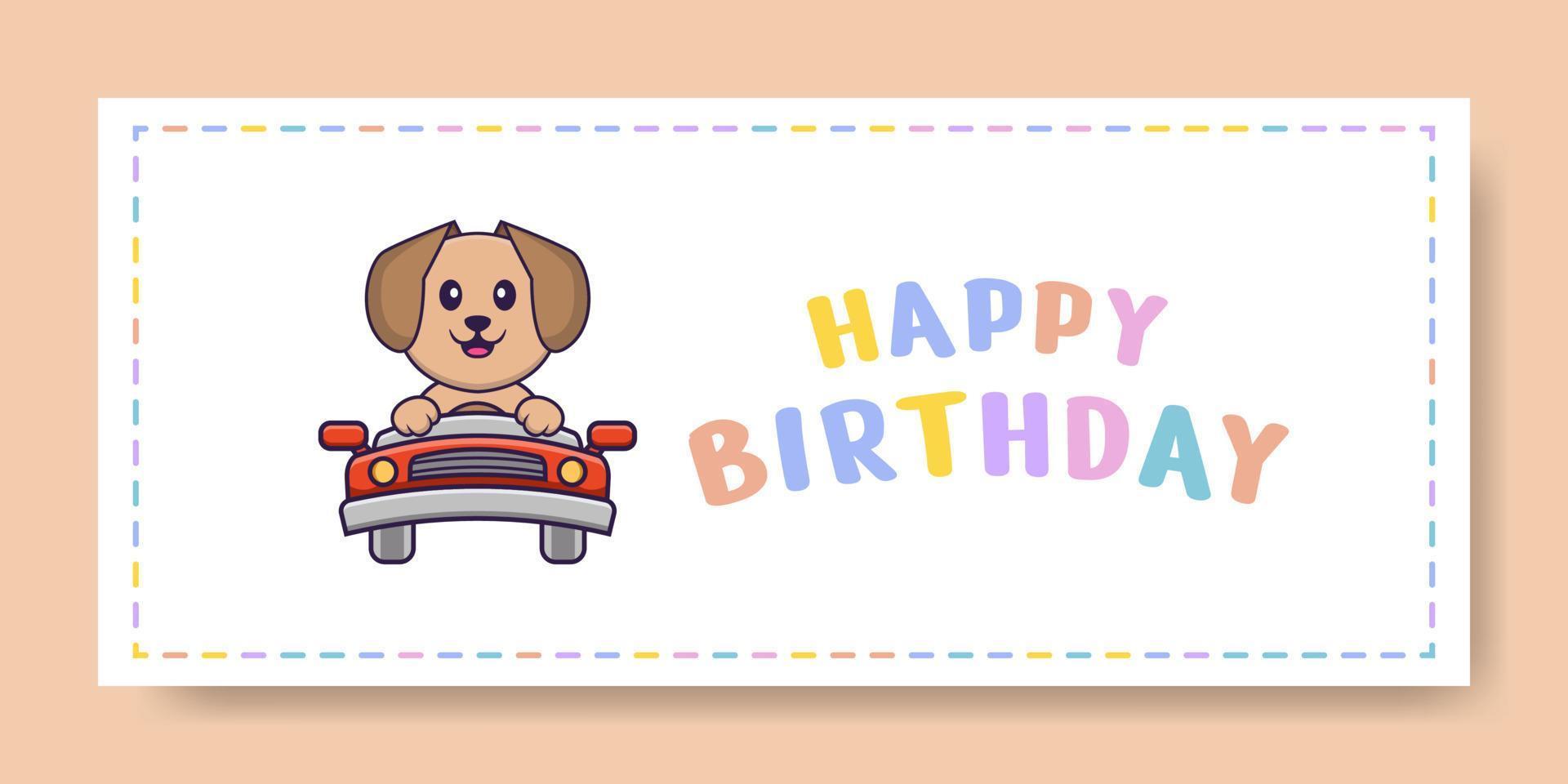 banner de feliz aniversário com personagem de desenho animado de cachorro bonito. ilustração vetorial vetor