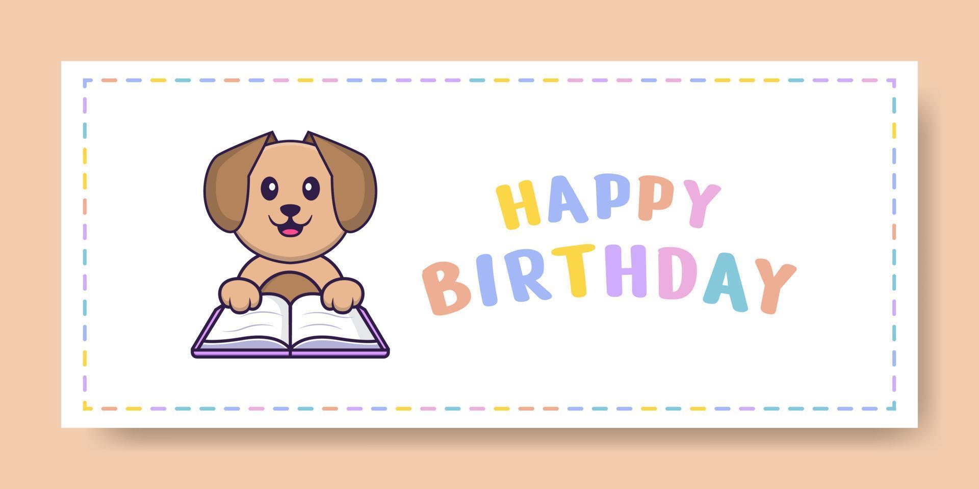 banner de feliz aniversário com personagem de desenho animado de cachorro bonito. ilustração vetorial vetor