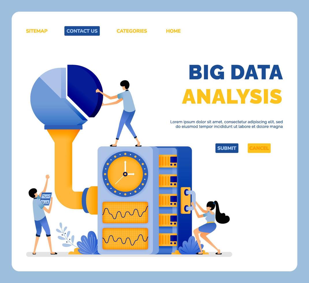 projeto de análise e pesquisa de processamento de dados em big data organizado em uma ilustração vetorial de rede de sistema de banco de dados pode ser usada para página de destino website aplicativos móveis pôster flyer ui ux vetor