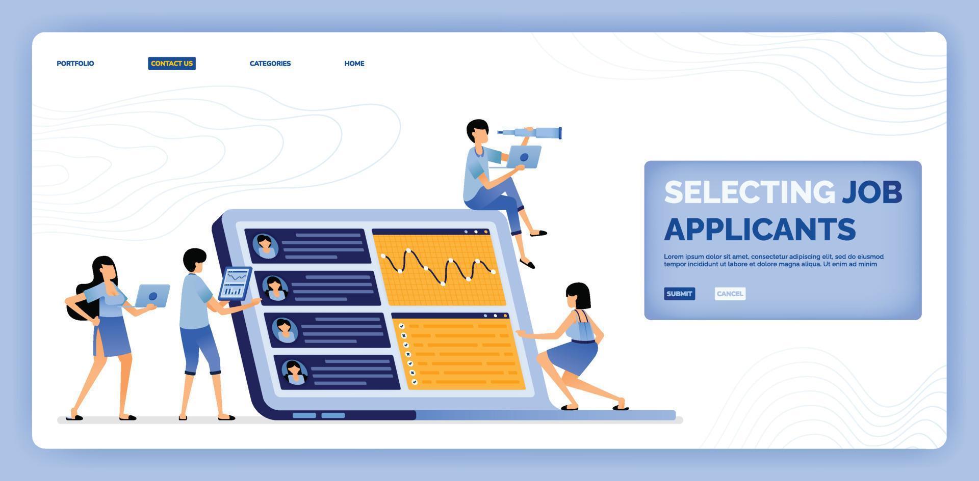 ilustração vetorial para selecionar candidatos a empregos com base nos critérios e nas qualificações do design de vagas abertas pode ser usada para página de destino website aplicativos móveis pôster flyer ui ux vetor