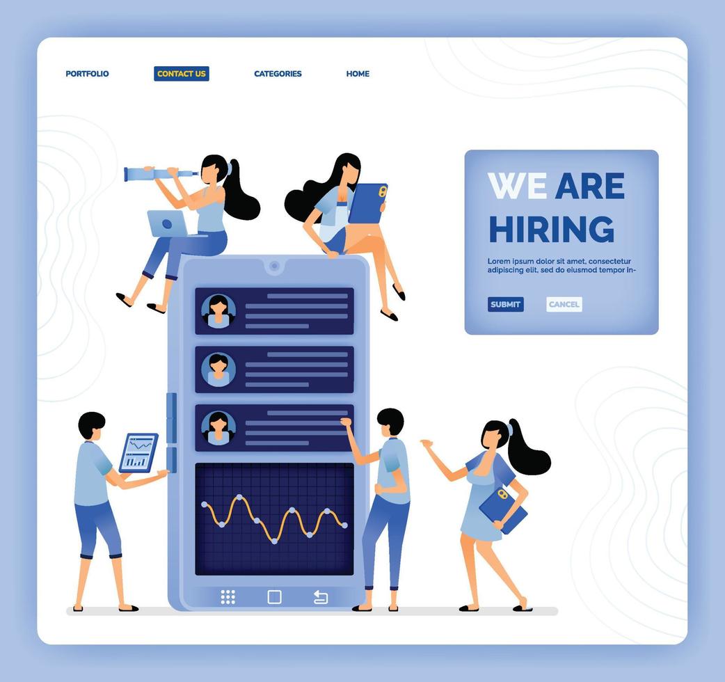 ilustração vetorial de estamos contratando e recrutando os melhores recém-formados para se juntar à equipe design pode ser usado para página de destino website aplicativos móveis pôster flyer ui ux vetor