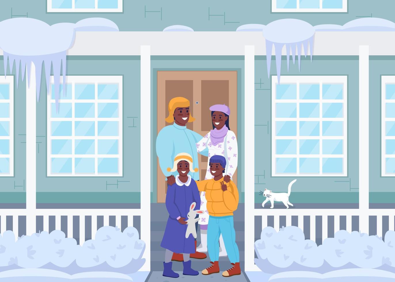 família feliz em ilustração vetorial de cor lisa na varanda de casa vetor