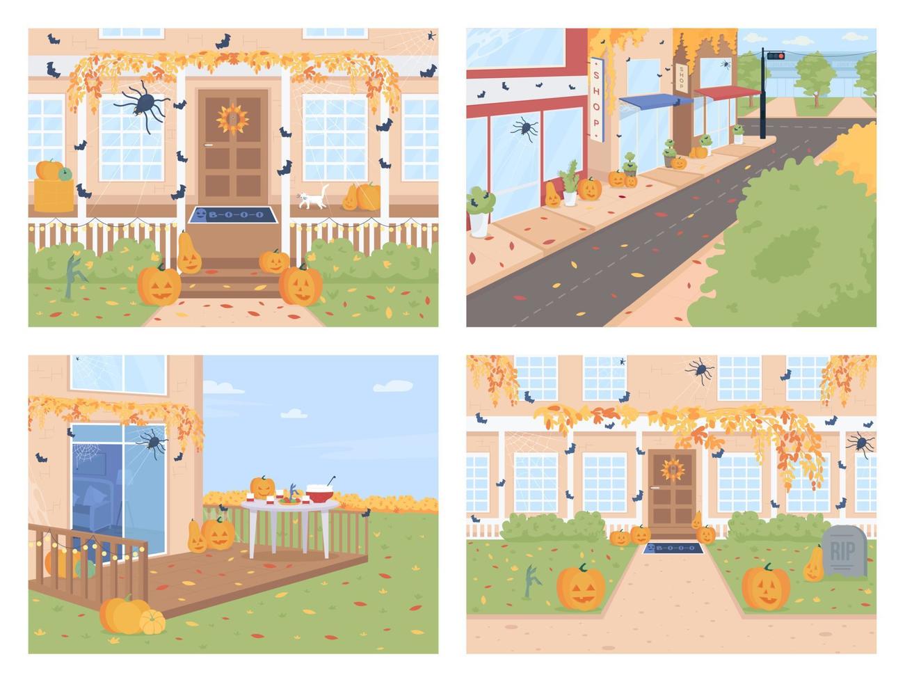 conjunto de ilustração vetorial de cores planas para decorações de halloween ao ar livre vetor