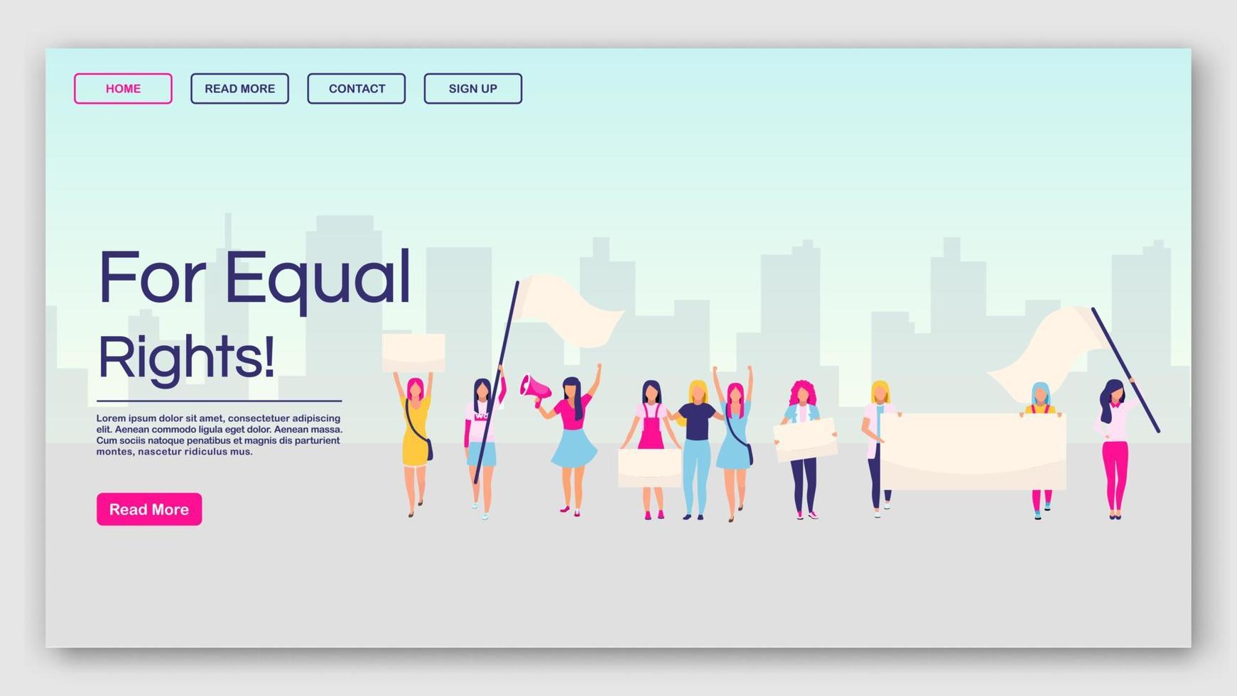 para modelo de vetor de página de destino de direitos iguais. ideia de interface de site de protesto feminista com ilustrações planas. feminismo, layout da página inicial do movimento girl power. banner da web, conceito de desenho de página da web