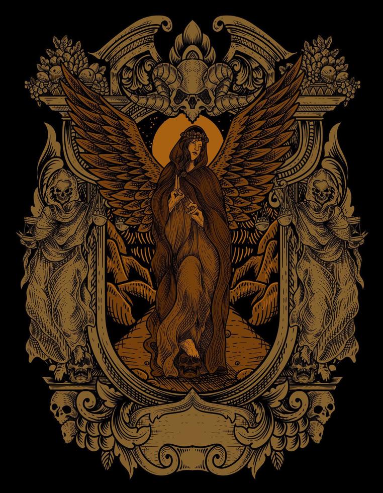 ilustração vintage anjo com gravura estilo ornamento vetor
