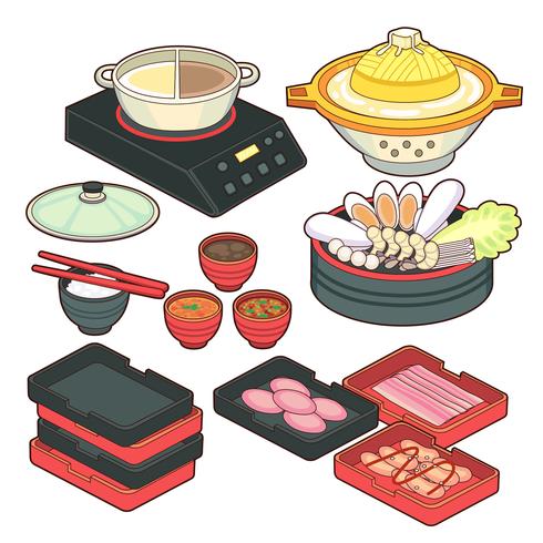 Pratos vazios japoneses situado num estilo realista. Bacias diferentes, bandejas, placas para sushi, pauzinhos isolados no fundo branco. Cozinhar coleção de ilustração vetorial. Objetos de cozinha para seu projeto vetor