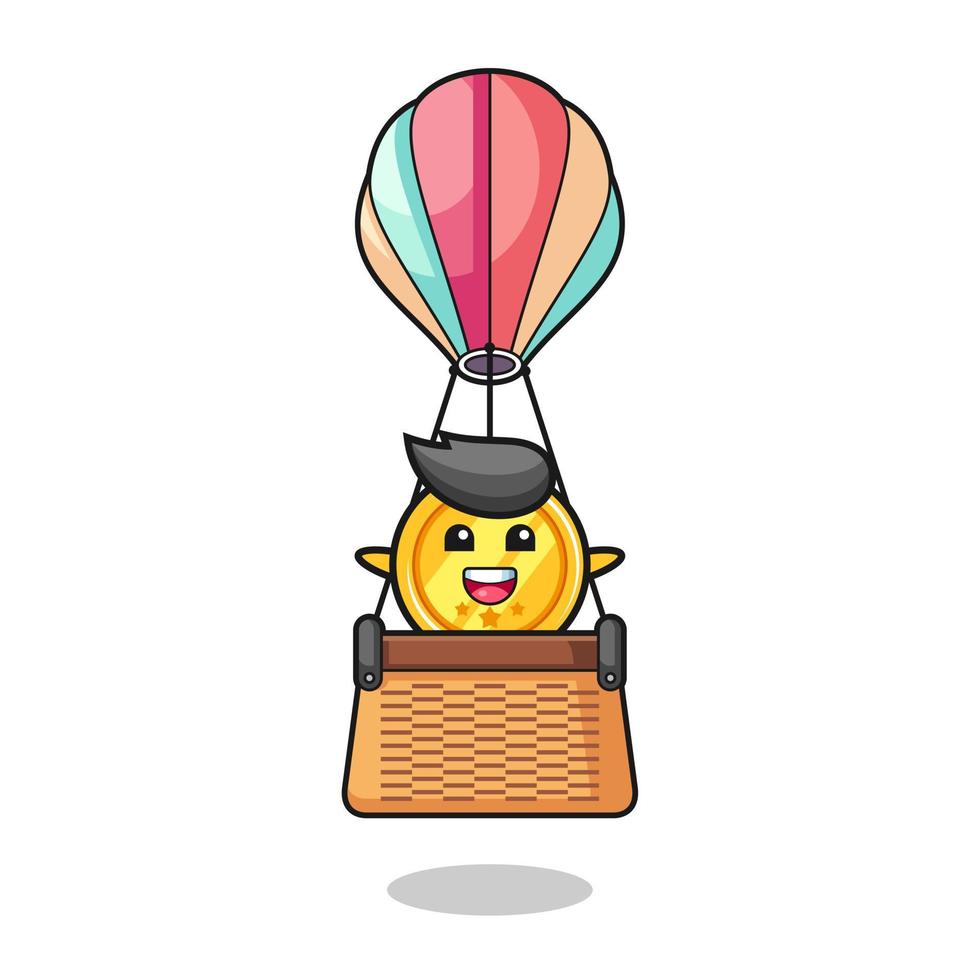 mascote da medalha montando um balão de ar quente vetor
