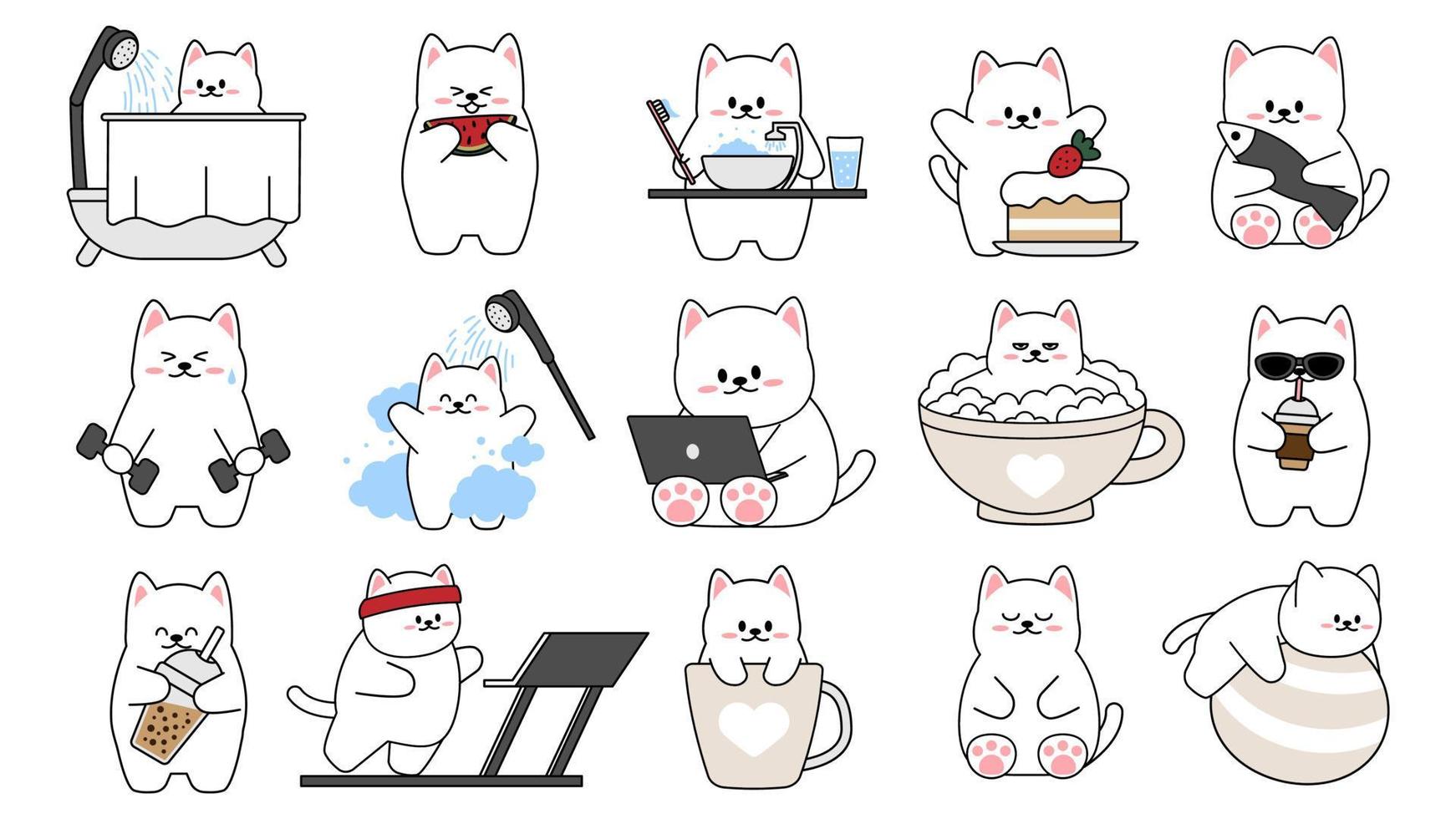 coleção de diferentes gatinhos fofos em um fundo branco. conjunto kawaii de desenho de personagens de animais engraçados no estilo cartoon. gato de estimação. adesivos de bebê. ilustração vetorial. vetor