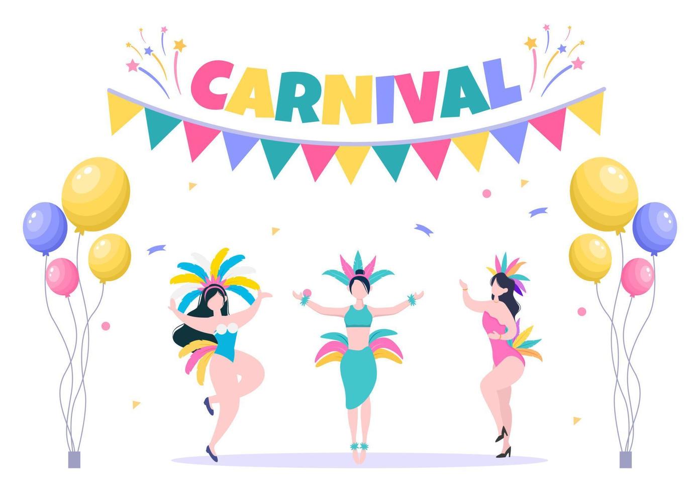 ilustração em vetor fundo celebração feliz carnaval. festival do povo com festa colorida, confete, dança, música e fantasias coloridas para pôster