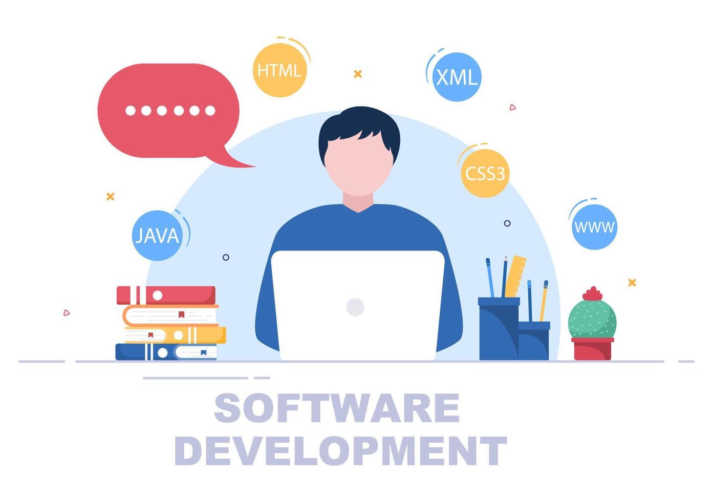 desenvolvimento de software e código de programação em ilustração vetorial de computador para tecnologia, equipe de engenheiros, codificação, material de marketing, negócios e apresentação vetor