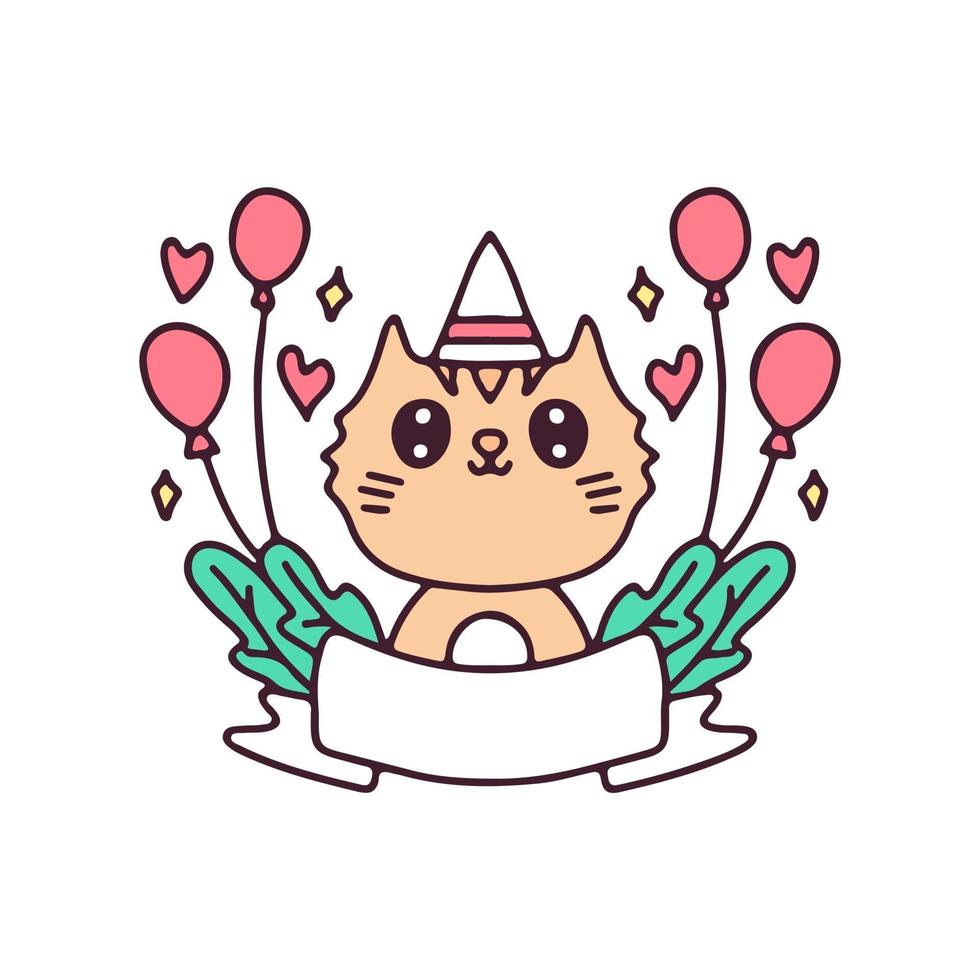 desenho animado do gato kawaii comemora a festa de aniversário. perfeito para crianças do berçário, cartão, menina do chá de bebê, design de tecido. vetor