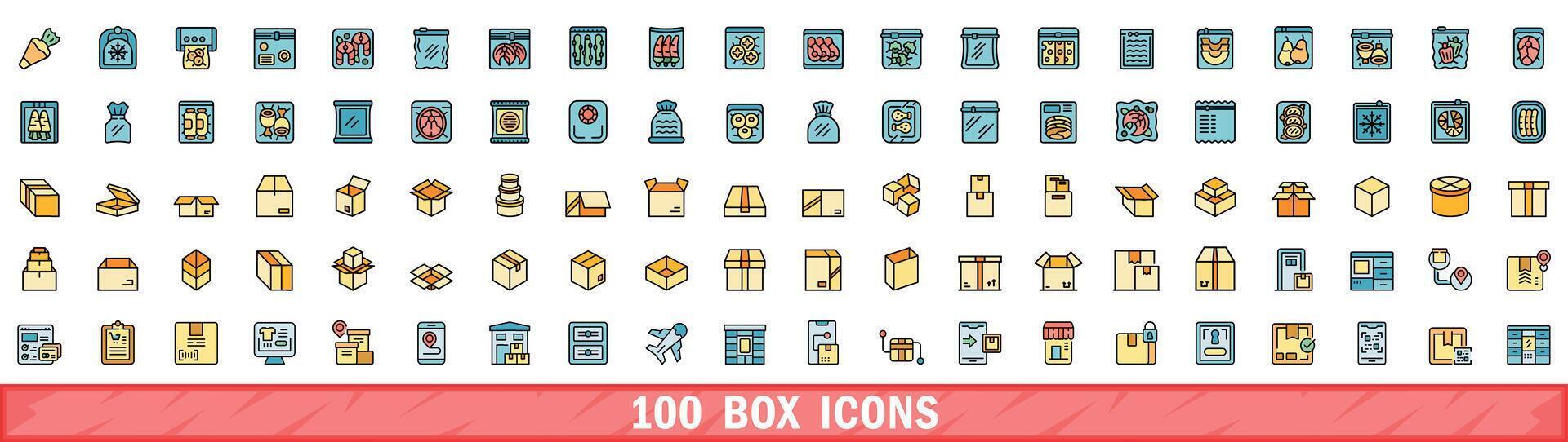 100 caixa ícones definir, cor linha estilo vetor