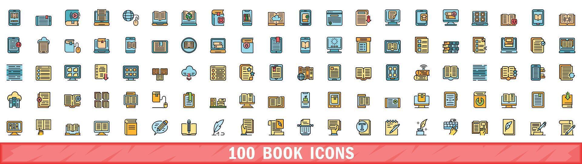 100 livro ícones definir, cor linha estilo vetor