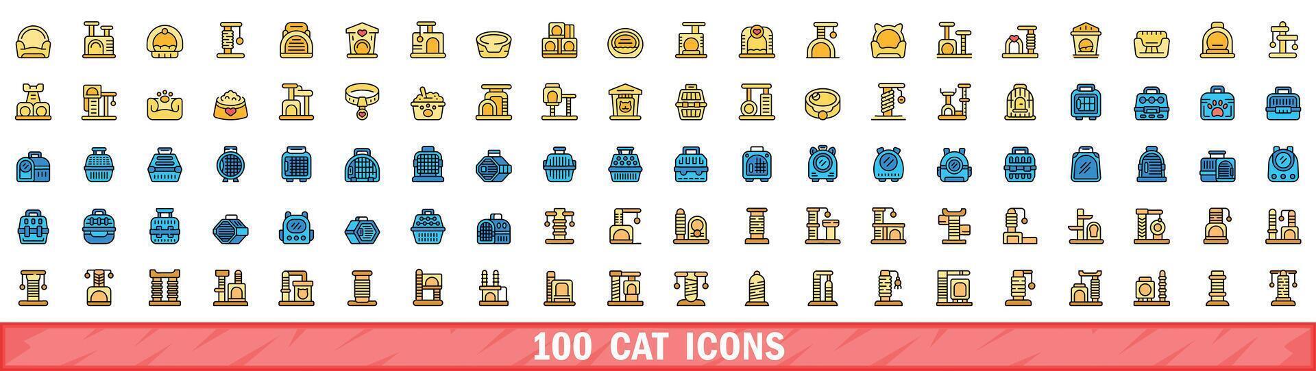 100 gato ícones definir, cor linha estilo vetor