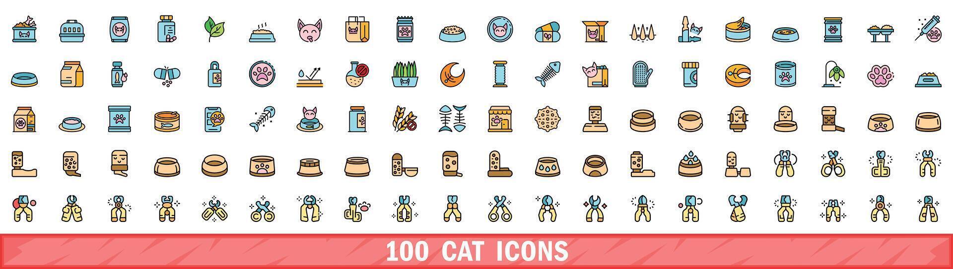 100 gato ícones definir, cor linha estilo vetor