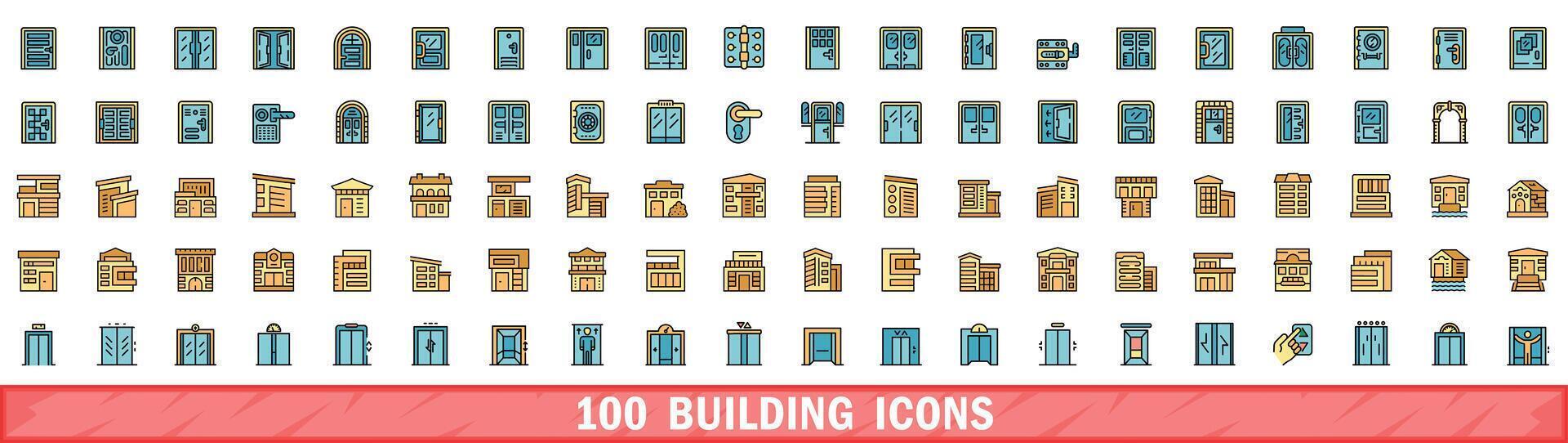 100 construção ícones definir, cor linha estilo vetor