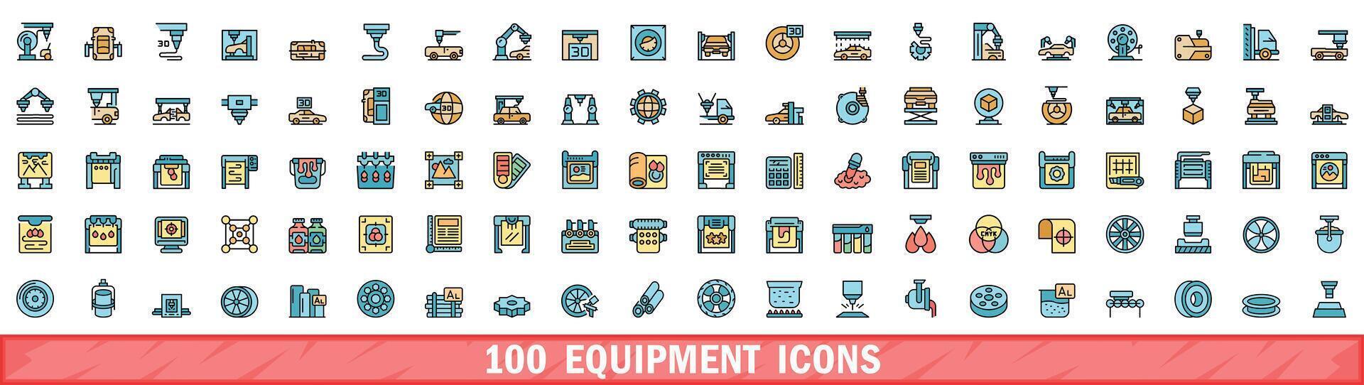 100 equipamento ícones definir, cor linha estilo vetor