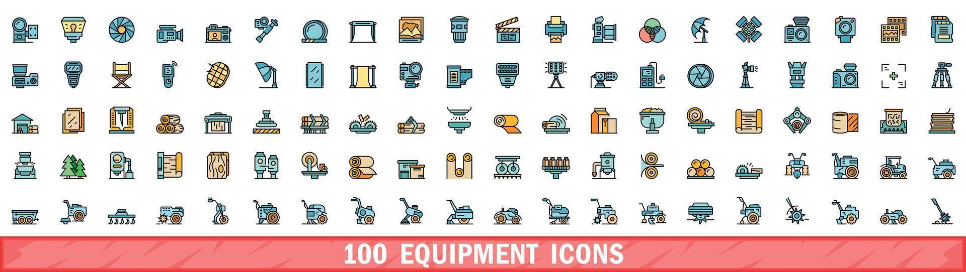 100 equipamento ícones definir, cor linha estilo vetor