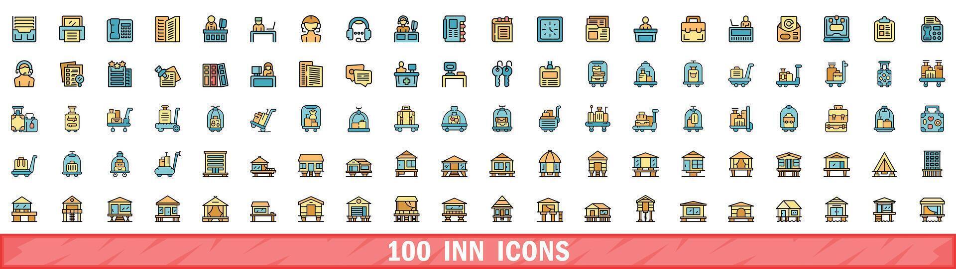 100 Pousada ícones definir, cor linha estilo vetor