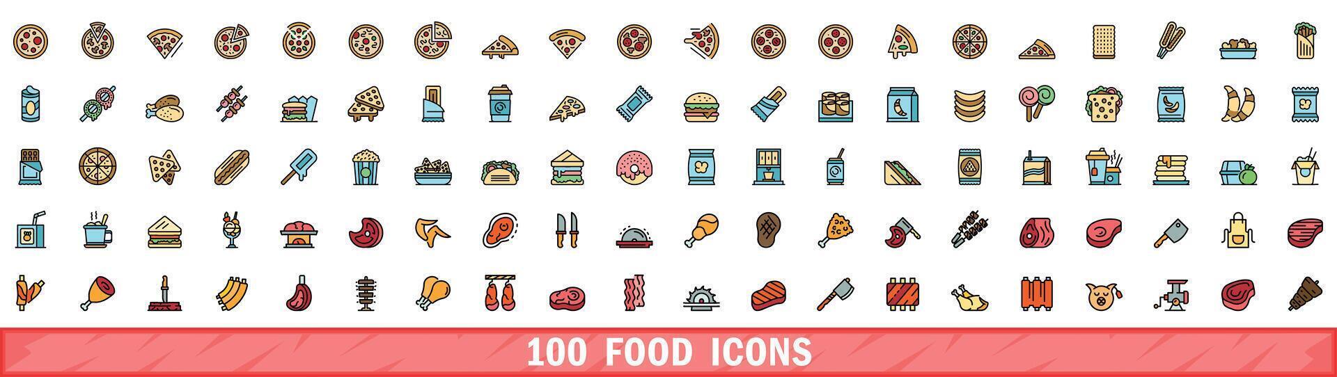 100 Comida ícones definir, cor linha estilo vetor