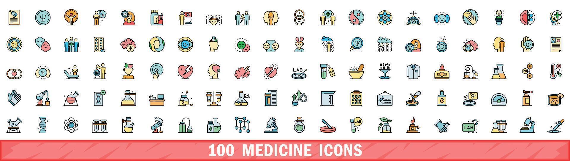 100 remédio ícones definir, cor linha estilo vetor