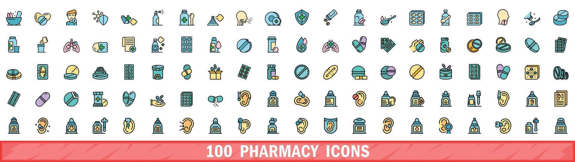 100 farmacia ícones definir, cor linha estilo vetor