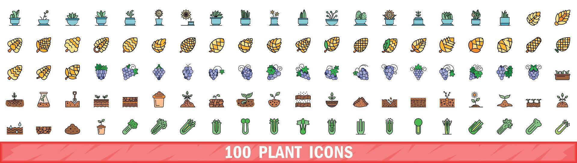 100 plantar ícones definir, cor linha estilo vetor