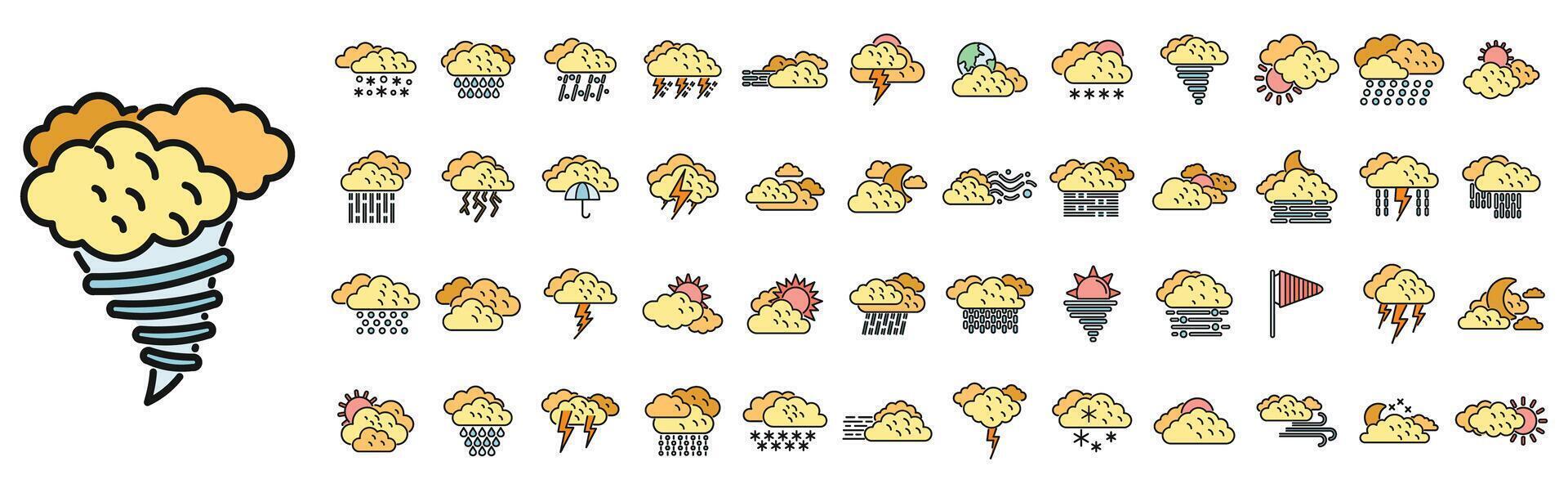 nublado clima ícones conjunto vetor cor linha