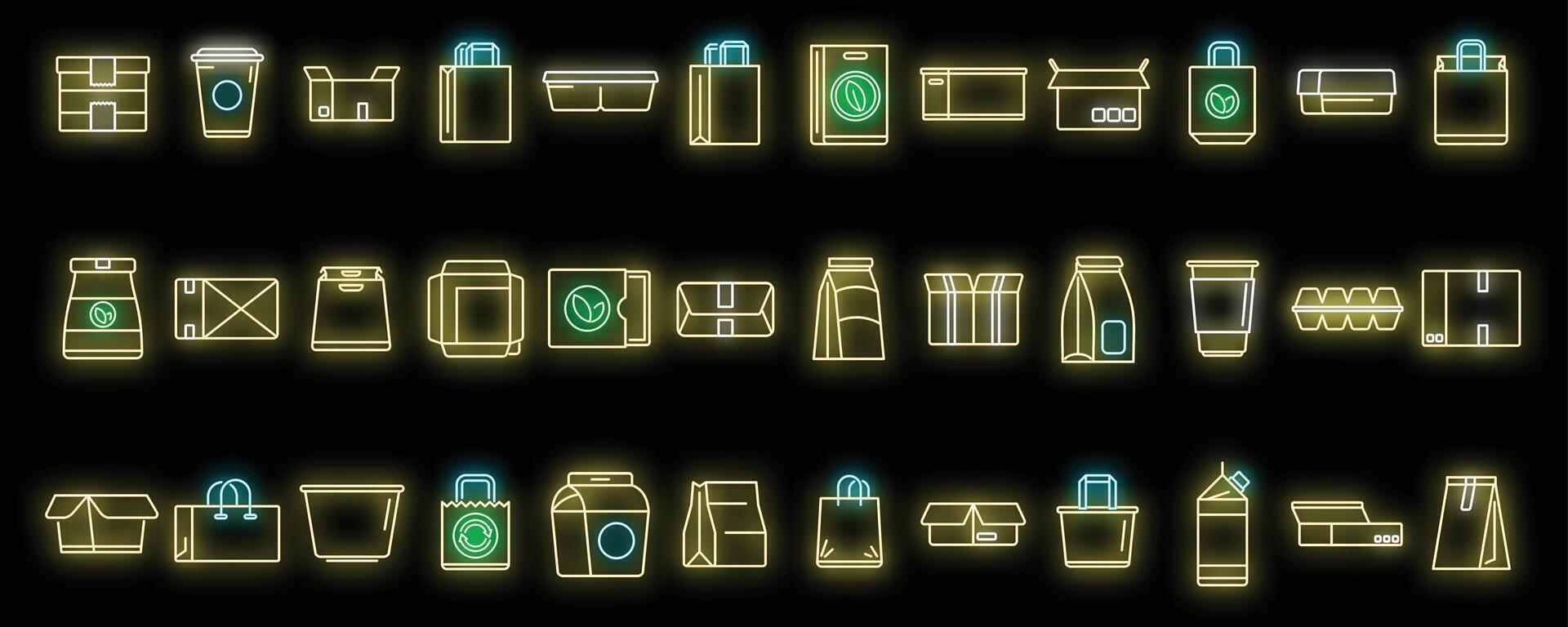 conjunto de ícones de embalagens ecológicas vetor neon