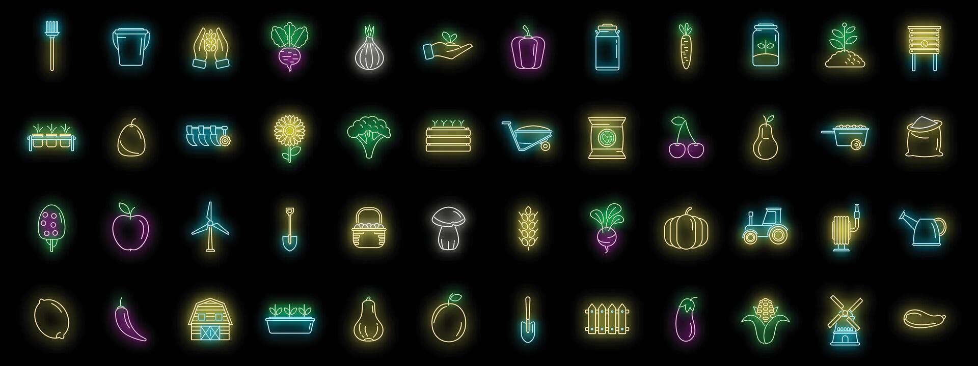 conjunto de ícones de agricultura ecológica neon de vetor