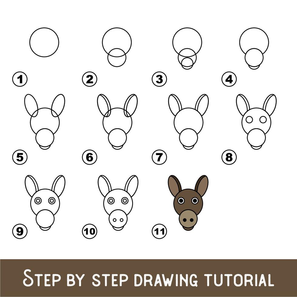 jogo infantil para desenvolver habilidade de desenho com nível de jogo fácil para crianças pré-escolares, desenho tutorial educacional para cara de burro. vetor