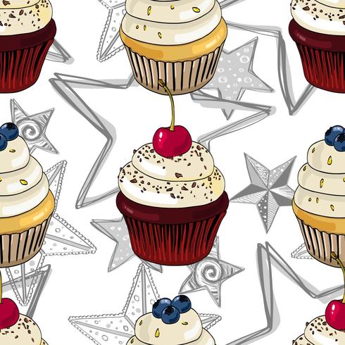 Padrão sem emenda com cupcakes e estrelas. vetor