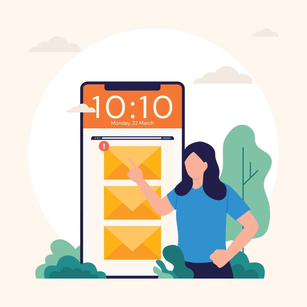 jovem mulher Verificações a o email em uma Móvel telefone plano vetor desenho animado ilustração