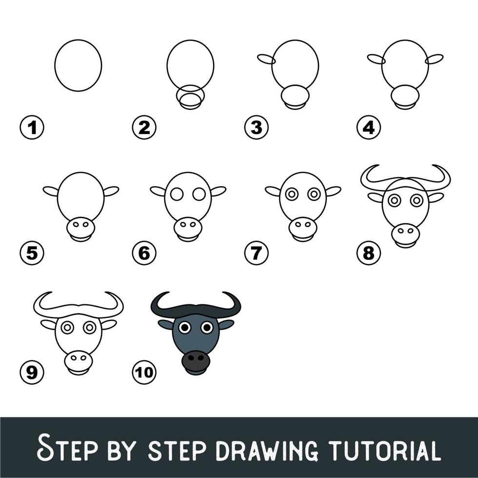 jogo infantil para desenvolver habilidade de desenho com nível de jogo fácil para crianças pré-escolares, desenho tutorial educacional para rosto de búfalo. vetor