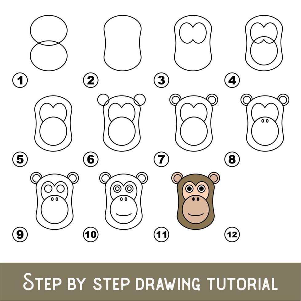 jogo infantil para desenvolver habilidade de desenho com nível de jogo fácil para crianças pré-escolares, desenho tutorial educacional para rosto de babuíno. vetor