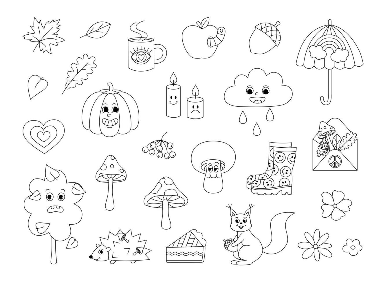retro Anos 70 groovy outono outono elementos coloração página. funky hippie esboço conjunto com desenho animado abóbora, folhas, cogumelos, árvore, guarda-chuva, borracha chuteiras etc. coloração livro para impressão vetor